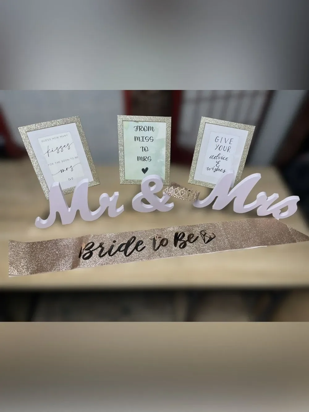 Bride To Be Bundle - Sash, 2 Veils, Crown, 3 Framed Games, Wooden Mr. & Mrs.